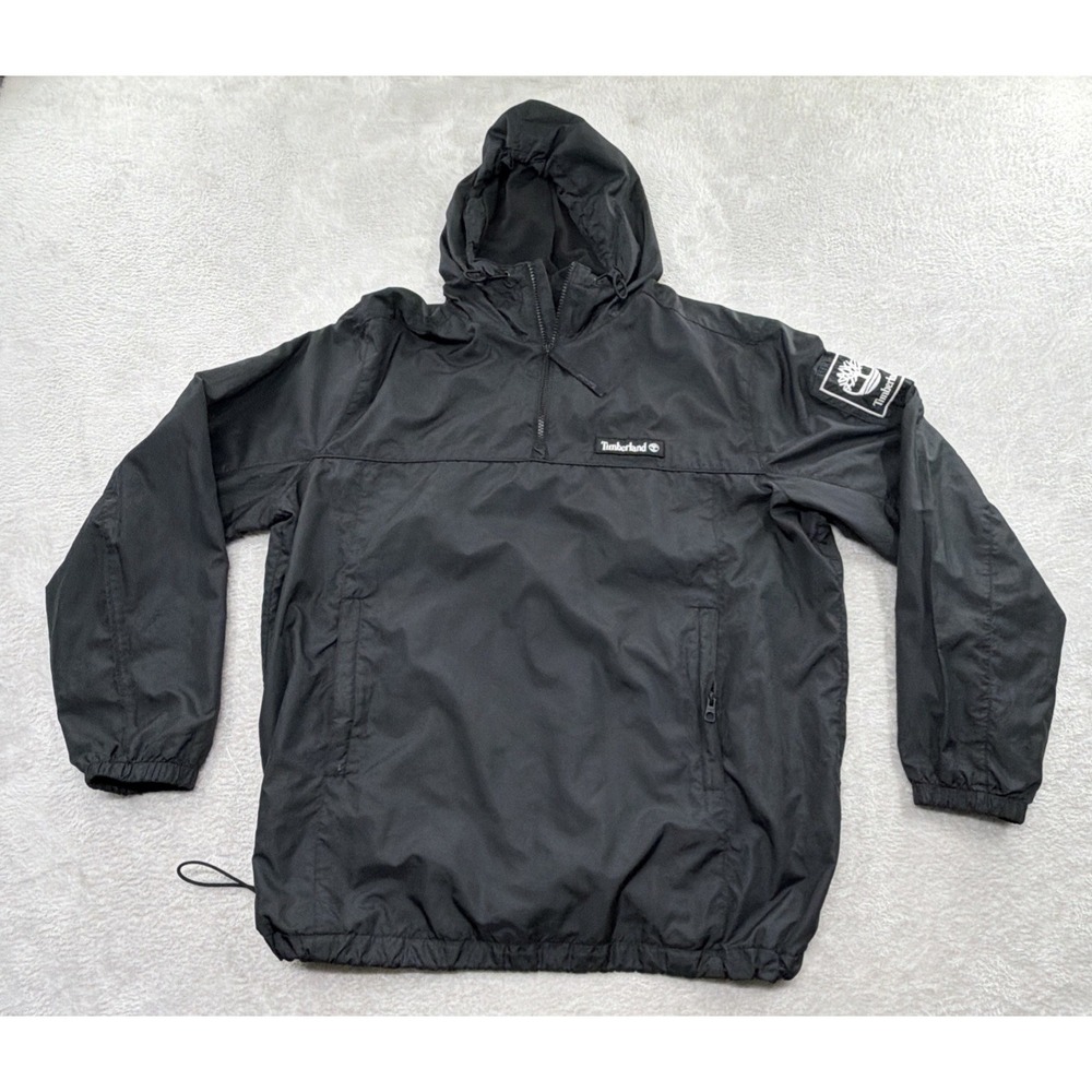 Timberland Quarter-Zip Hooded Windbreaker Men's Size XL Black Rain Jacket Logo